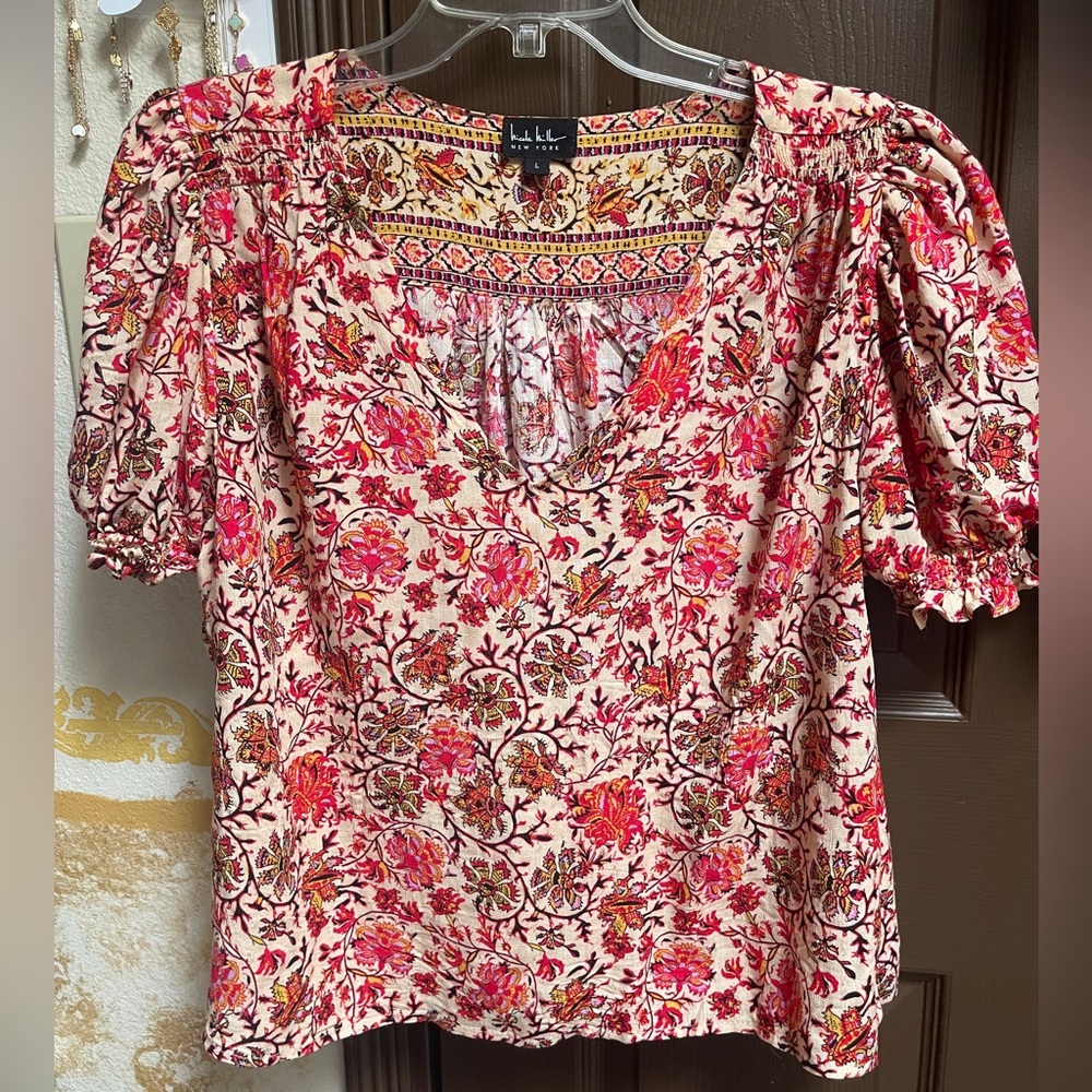 Nicole Miller Red and Pink Floral Blouse